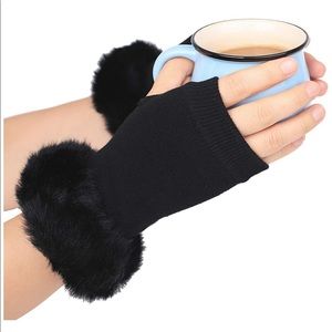 Flammi Fingerless Mittens Faux Fur Cuff with Cross